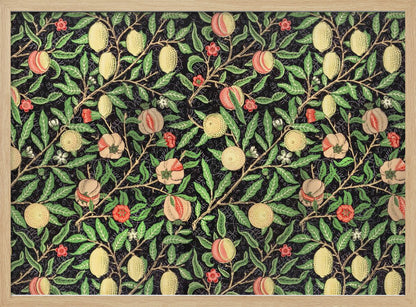 A framed vintage botanical pattern featuring various fruits like lemons, peaches, and pomegranates on twisting branches with green leaves and small flowers, all set against a dark, detailed background. The style is reminiscent of William Morris. Wall Art