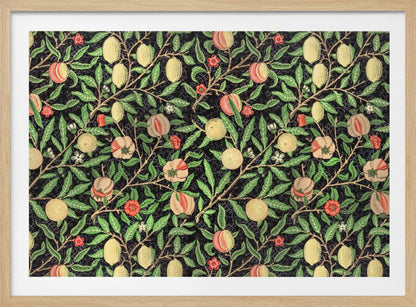 A framed vintage botanical pattern featuring various fruits like lemons, peaches, and pomegranates on twisting branches with green leaves and small flowers, all set against a dark, detailed background. The style is reminiscent of William Morris. Wall Art