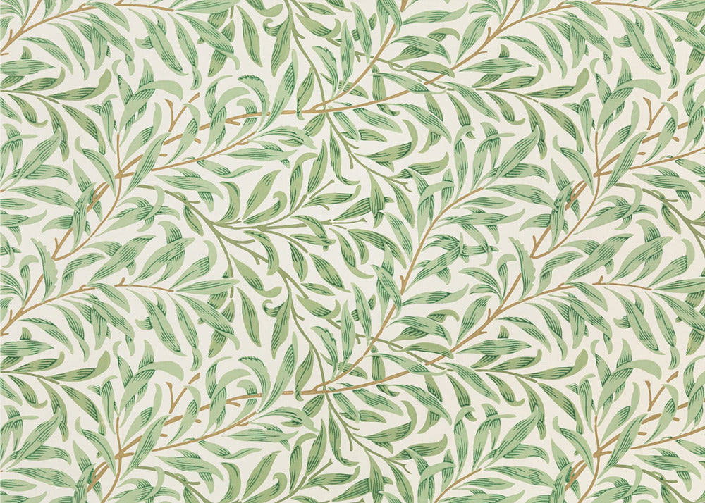A classic William Morris 'Willow Boughs' pattern featuring intertwined green leaves and brown stems on a cream background, displayed within a simple brushed silver frame. Decor