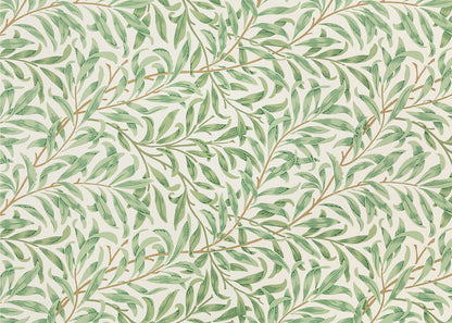 A classic William Morris 'Willow Boughs' pattern featuring intertwined green leaves and brown stems on a cream background, displayed within a simple brushed silver frame. Decor