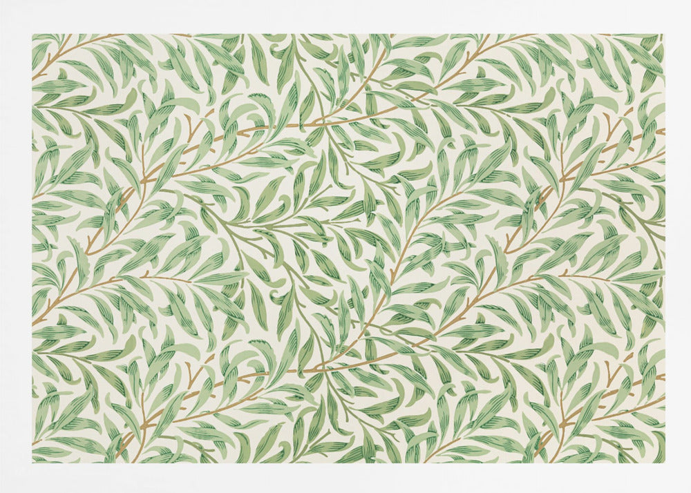 A classic William Morris 'Willow Boughs' pattern featuring intertwined green leaves and brown stems on a cream background, displayed within a simple brushed silver frame. Decor