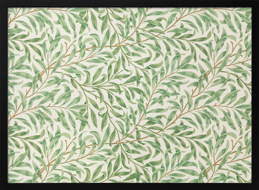 A classic William Morris 'Willow Boughs' pattern featuring intertwined green leaves and brown stems on a cream background, displayed within a simple brushed silver frame. Decor