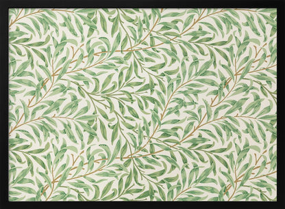 A classic William Morris 'Willow Boughs' pattern featuring intertwined green leaves and brown stems on a cream background, displayed within a simple brushed silver frame. Decor