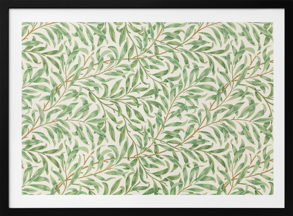 A classic William Morris 'Willow Boughs' pattern featuring intertwined green leaves and brown stems on a cream background, displayed within a simple brushed silver frame. Decor