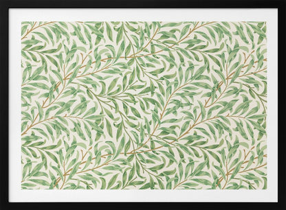 A classic William Morris 'Willow Boughs' pattern featuring intertwined green leaves and brown stems on a cream background, displayed within a simple brushed silver frame. Decor