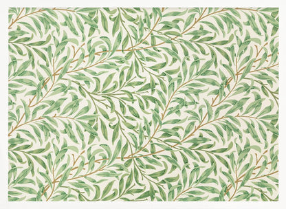 A classic William Morris 'Willow Boughs' pattern featuring intertwined green leaves and brown stems on a cream background, displayed within a simple brushed silver frame. Decor