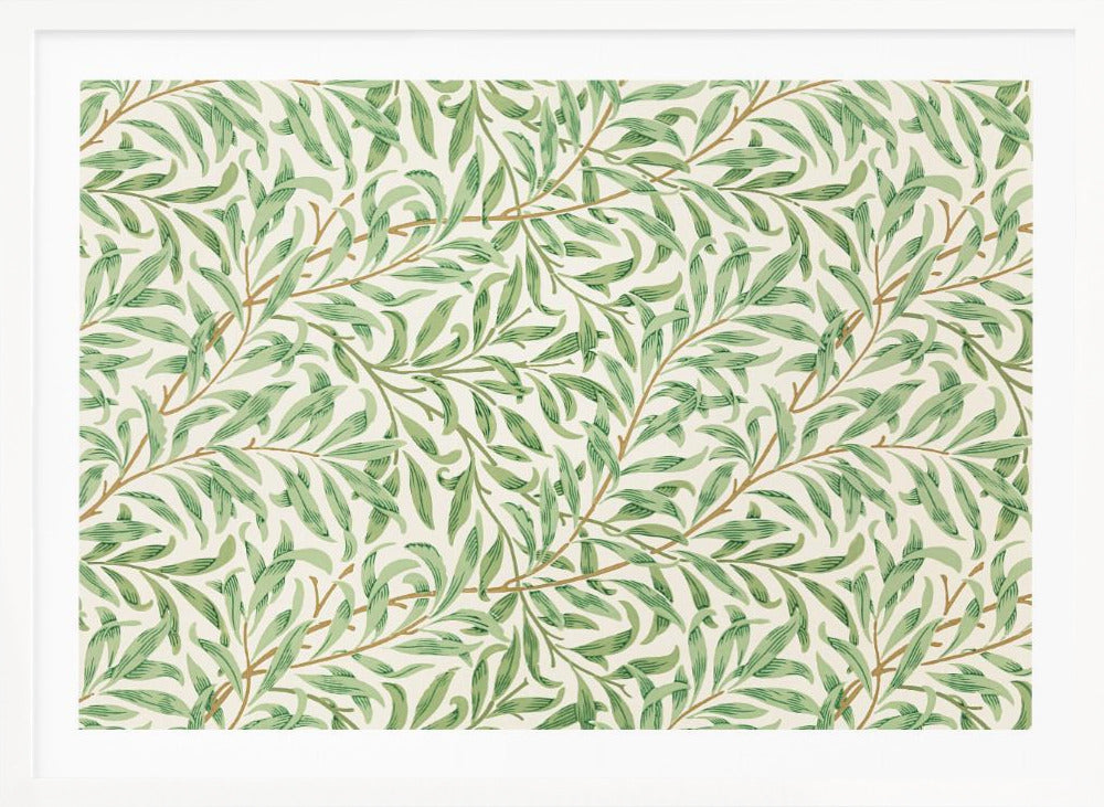 A classic William Morris 'Willow Boughs' pattern featuring intertwined green leaves and brown stems on a cream background, displayed within a simple brushed silver frame. Decor