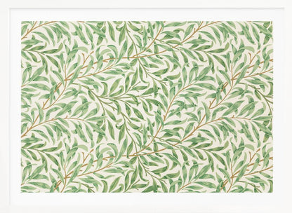 A classic William Morris 'Willow Boughs' pattern featuring intertwined green leaves and brown stems on a cream background, displayed within a simple brushed silver frame. Decor