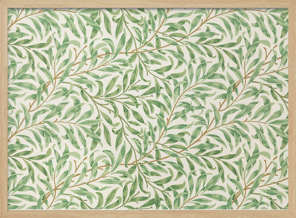 A classic William Morris 'Willow Boughs' pattern featuring intertwined green leaves and brown stems on a cream background, displayed within a simple brushed silver frame. Decor