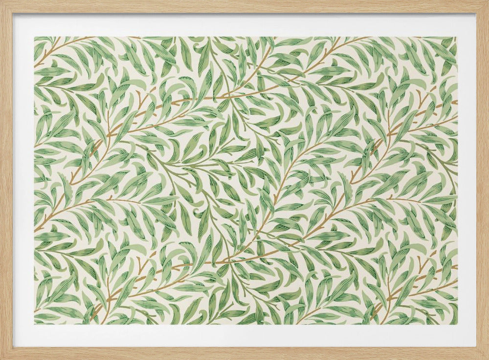 A classic William Morris 'Willow Boughs' pattern featuring intertwined green leaves and brown stems on a cream background, displayed within a simple brushed silver frame. Decor