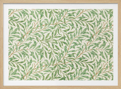A classic William Morris 'Willow Boughs' pattern featuring intertwined green leaves and brown stems on a cream background, displayed within a simple brushed silver frame. Decor