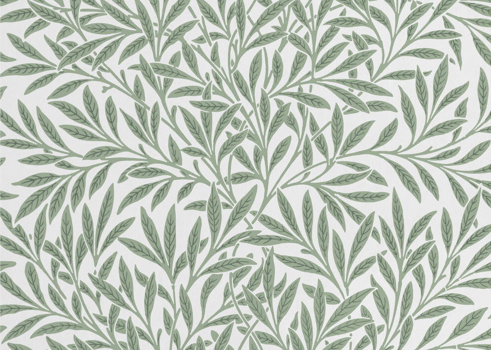 A framed art print with a repeating pattern of sage green leaves and branches on a white background. The style is elegant and inspired by nature, and the print is housed in a simple silver frame. Poster
