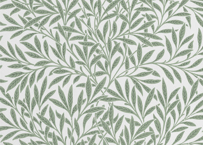 A framed art print with a repeating pattern of sage green leaves and branches on a white background. The style is elegant and inspired by nature, and the print is housed in a simple silver frame. Poster