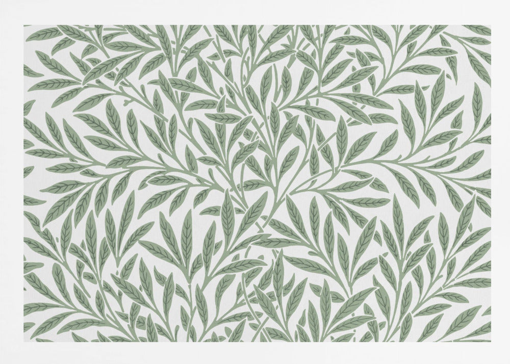 A framed art print with a repeating pattern of sage green leaves and branches on a white background. The style is elegant and inspired by nature, and the print is housed in a simple silver frame. Poster