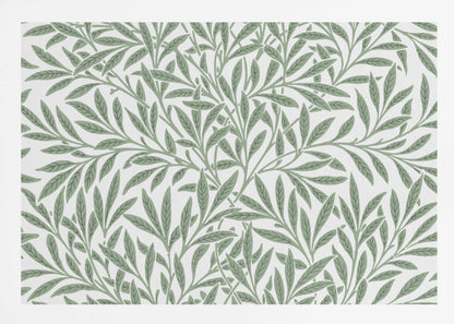 A framed art print with a repeating pattern of sage green leaves and branches on a white background. The style is elegant and inspired by nature, and the print is housed in a simple silver frame. Poster