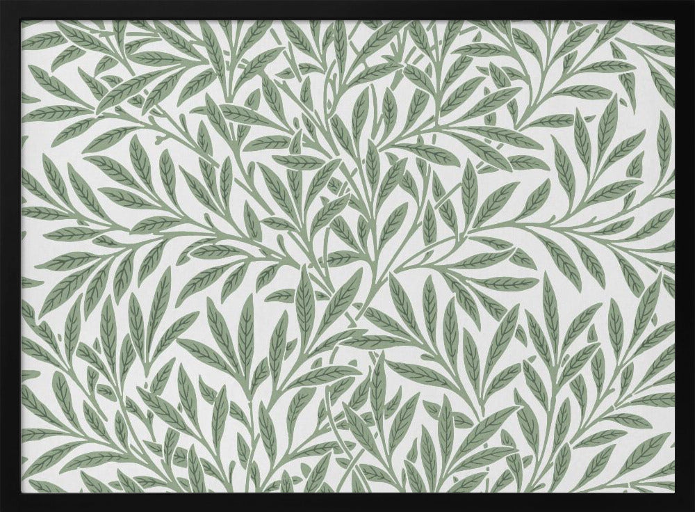 A framed art print with a repeating pattern of sage green leaves and branches on a white background. The style is elegant and inspired by nature, and the print is housed in a simple silver frame. Poster