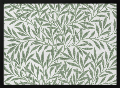 A framed art print with a repeating pattern of sage green leaves and branches on a white background. The style is elegant and inspired by nature, and the print is housed in a simple silver frame. Poster