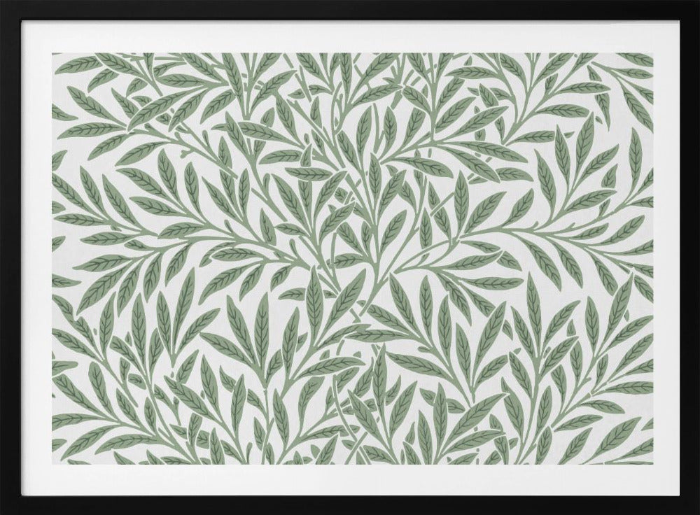 A framed art print with a repeating pattern of sage green leaves and branches on a white background. The style is elegant and inspired by nature, and the print is housed in a simple silver frame. Poster