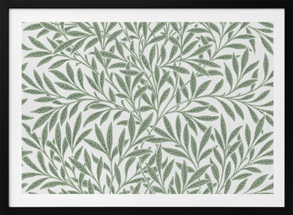 A framed art print with a repeating pattern of sage green leaves and branches on a white background. The style is elegant and inspired by nature, and the print is housed in a simple silver frame. Poster