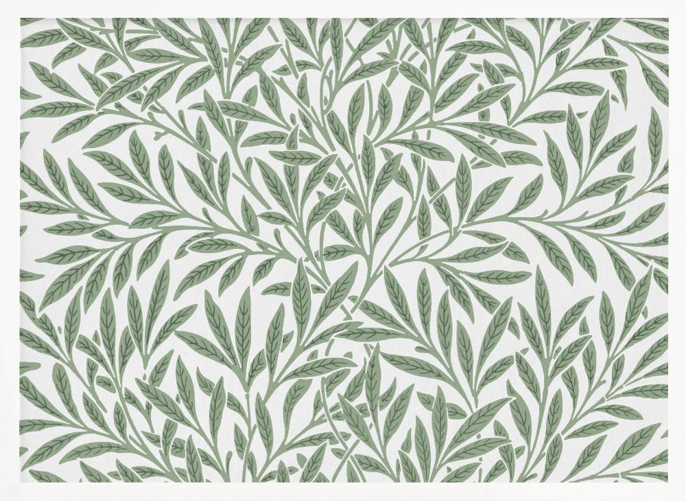 A framed art print with a repeating pattern of sage green leaves and branches on a white background. The style is elegant and inspired by nature, and the print is housed in a simple silver frame. Poster