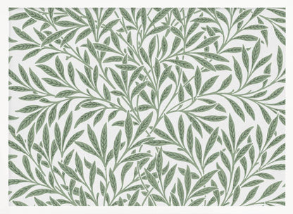 A framed art print with a repeating pattern of sage green leaves and branches on a white background. The style is elegant and inspired by nature, and the print is housed in a simple silver frame. Poster