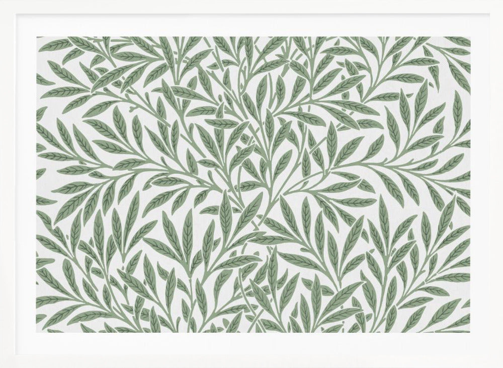 A framed art print with a repeating pattern of sage green leaves and branches on a white background. The style is elegant and inspired by nature, and the print is housed in a simple silver frame. Poster
