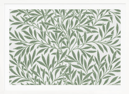 A framed art print with a repeating pattern of sage green leaves and branches on a white background. The style is elegant and inspired by nature, and the print is housed in a simple silver frame. Poster