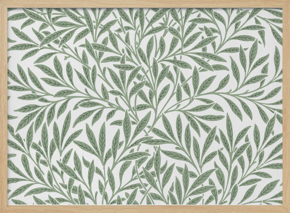 A framed art print with a repeating pattern of sage green leaves and branches on a white background. The style is elegant and inspired by nature, and the print is housed in a simple silver frame. Poster