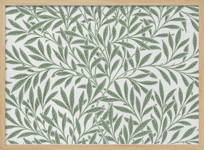 A framed art print with a repeating pattern of sage green leaves and branches on a white background. The style is elegant and inspired by nature, and the print is housed in a simple silver frame. Poster