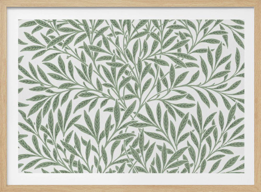 A framed art print with a repeating pattern of sage green leaves and branches on a white background. The style is elegant and inspired by nature, and the print is housed in a simple silver frame. Poster