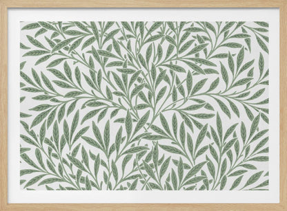 A framed art print with a repeating pattern of sage green leaves and branches on a white background. The style is elegant and inspired by nature, and the print is housed in a simple silver frame. Poster