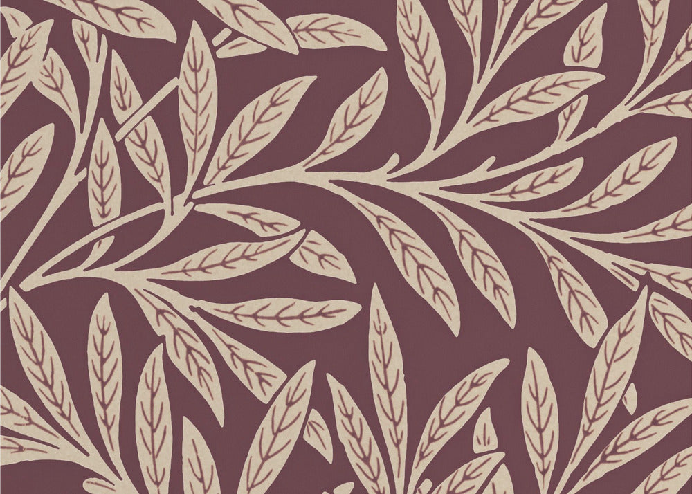 A framed piece of art with a repeating pattern of stylized, cream-colored leaves and branches on a deep burgundy background. The frame is a simple silver. Poster