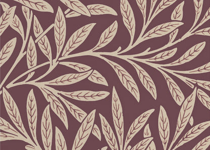A framed piece of art with a repeating pattern of stylized, cream-colored leaves and branches on a deep burgundy background. The frame is a simple silver. Poster