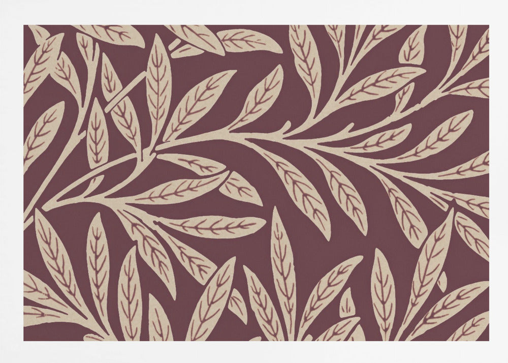 A framed piece of art with a repeating pattern of stylized, cream-colored leaves and branches on a deep burgundy background. The frame is a simple silver. Poster