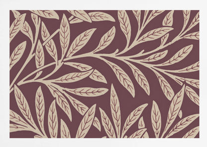 A framed piece of art with a repeating pattern of stylized, cream-colored leaves and branches on a deep burgundy background. The frame is a simple silver. Poster