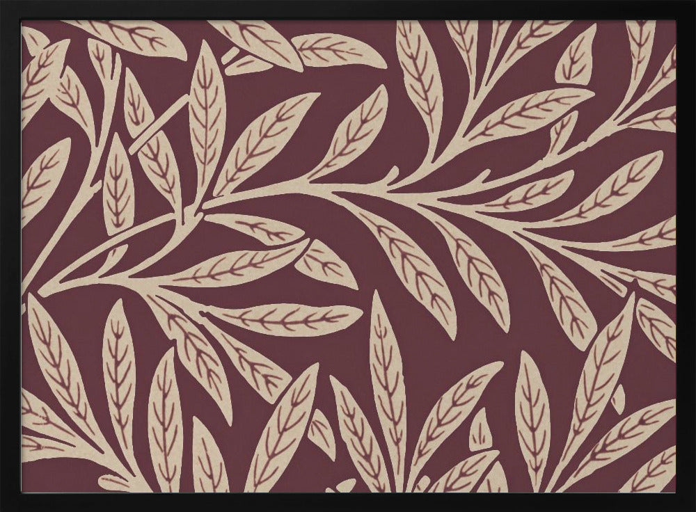 A framed piece of art with a repeating pattern of stylized, cream-colored leaves and branches on a deep burgundy background. The frame is a simple silver. Poster