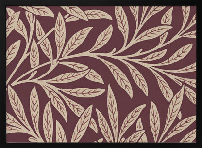A framed piece of art with a repeating pattern of stylized, cream-colored leaves and branches on a deep burgundy background. The frame is a simple silver. Poster