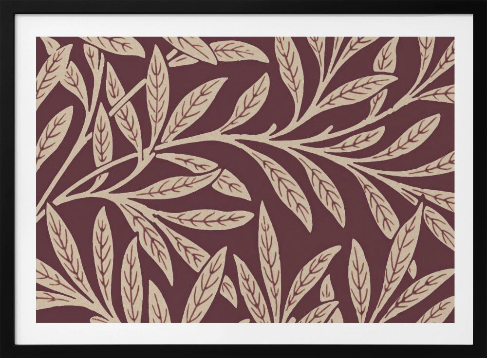 A framed piece of art with a repeating pattern of stylized, cream-colored leaves and branches on a deep burgundy background. The frame is a simple silver. Poster