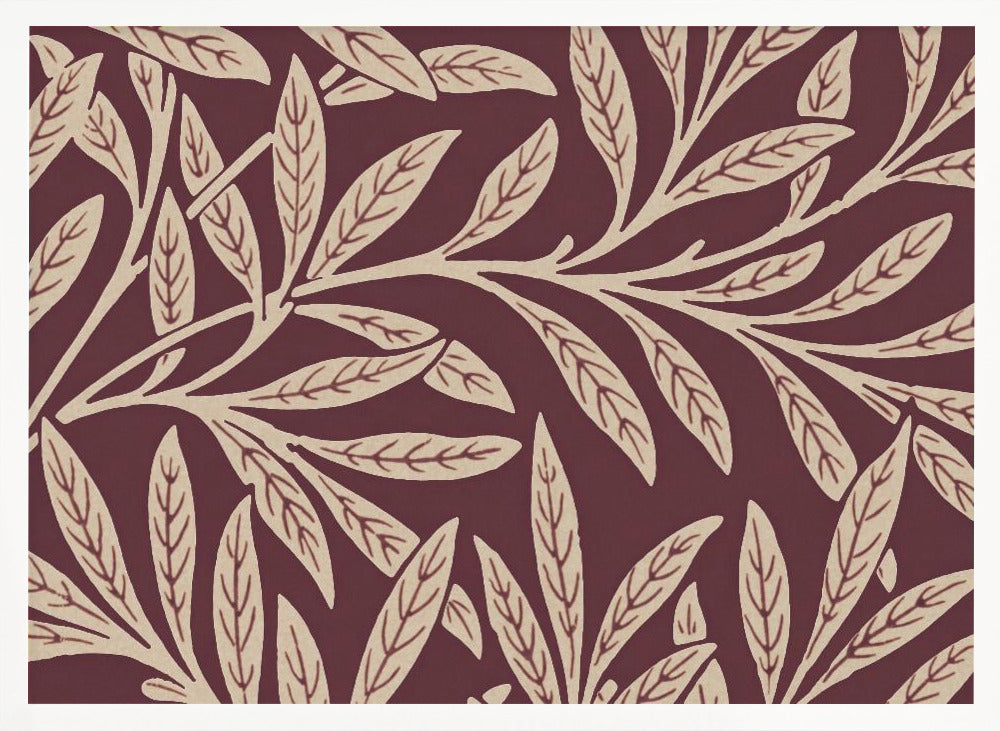 A framed piece of art with a repeating pattern of stylized, cream-colored leaves and branches on a deep burgundy background. The frame is a simple silver. Poster