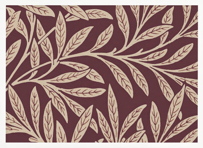 A framed piece of art with a repeating pattern of stylized, cream-colored leaves and branches on a deep burgundy background. The frame is a simple silver. Poster