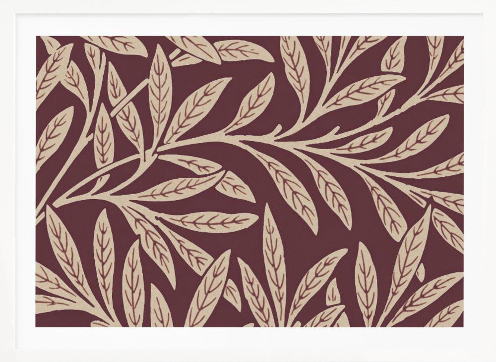 A framed piece of art with a repeating pattern of stylized, cream-colored leaves and branches on a deep burgundy background. The frame is a simple silver. Poster