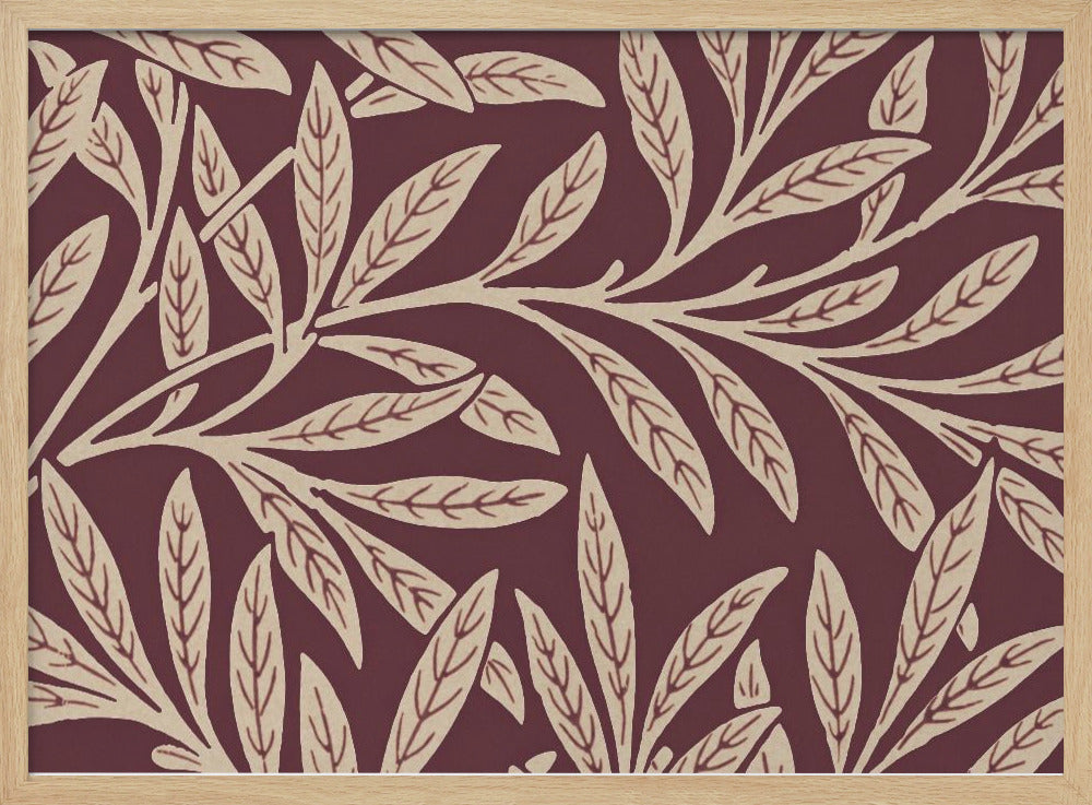 A framed piece of art with a repeating pattern of stylized, cream-colored leaves and branches on a deep burgundy background. The frame is a simple silver. Poster