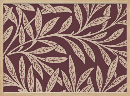 A framed piece of art with a repeating pattern of stylized, cream-colored leaves and branches on a deep burgundy background. The frame is a simple silver. Poster