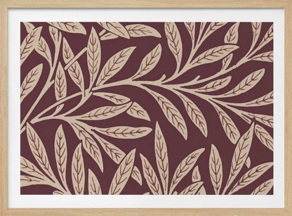 A framed piece of art with a repeating pattern of stylized, cream-colored leaves and branches on a deep burgundy background. The frame is a simple silver. Poster
