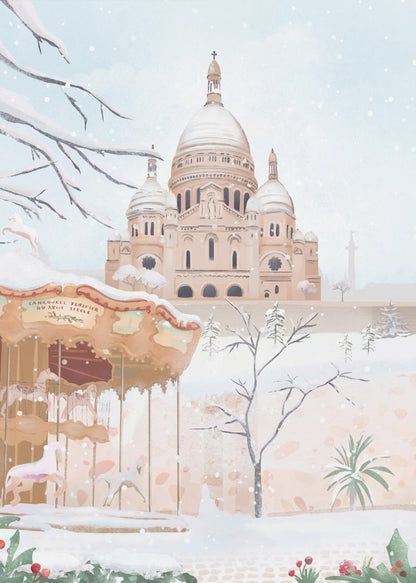 A vertical painting of the Sacré-Cœur Basilica in Paris on a snowy winter day. The scene is soft and pastel, with snow covering the ground, the basilica's domes, and tree branches. In the foreground, a vintage carousel is partially visible on the left. Artwork