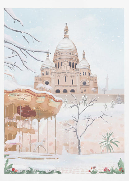 A vertical painting of the Sacré-Cœur Basilica in Paris on a snowy winter day. The scene is soft and pastel, with snow covering the ground, the basilica's domes, and tree branches. In the foreground, a vintage carousel is partially visible on the left. Artwork