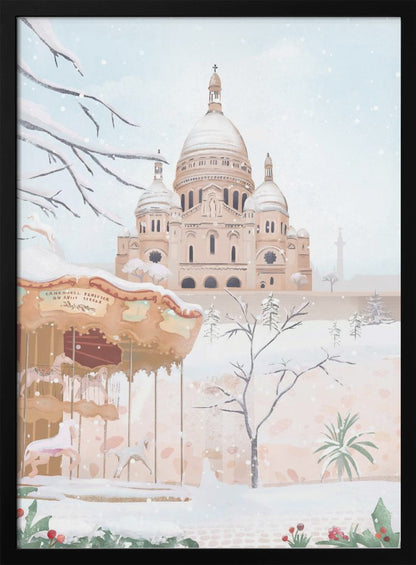 A vertical painting of the Sacré-Cœur Basilica in Paris on a snowy winter day. The scene is soft and pastel, with snow covering the ground, the basilica's domes, and tree branches. In the foreground, a vintage carousel is partially visible on the left. Artwork