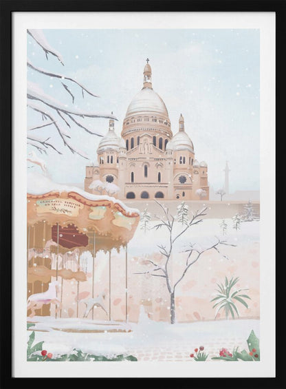 A vertical painting of the Sacré-Cœur Basilica in Paris on a snowy winter day. The scene is soft and pastel, with snow covering the ground, the basilica's domes, and tree branches. In the foreground, a vintage carousel is partially visible on the left. Artwork
