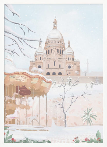 A vertical painting of the Sacré-Cœur Basilica in Paris on a snowy winter day. The scene is soft and pastel, with snow covering the ground, the basilica's domes, and tree branches. In the foreground, a vintage carousel is partially visible on the left. Artwork