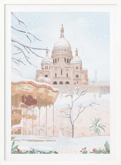 A vertical painting of the Sacré-Cœur Basilica in Paris on a snowy winter day. The scene is soft and pastel, with snow covering the ground, the basilica's domes, and tree branches. In the foreground, a vintage carousel is partially visible on the left. Artwork